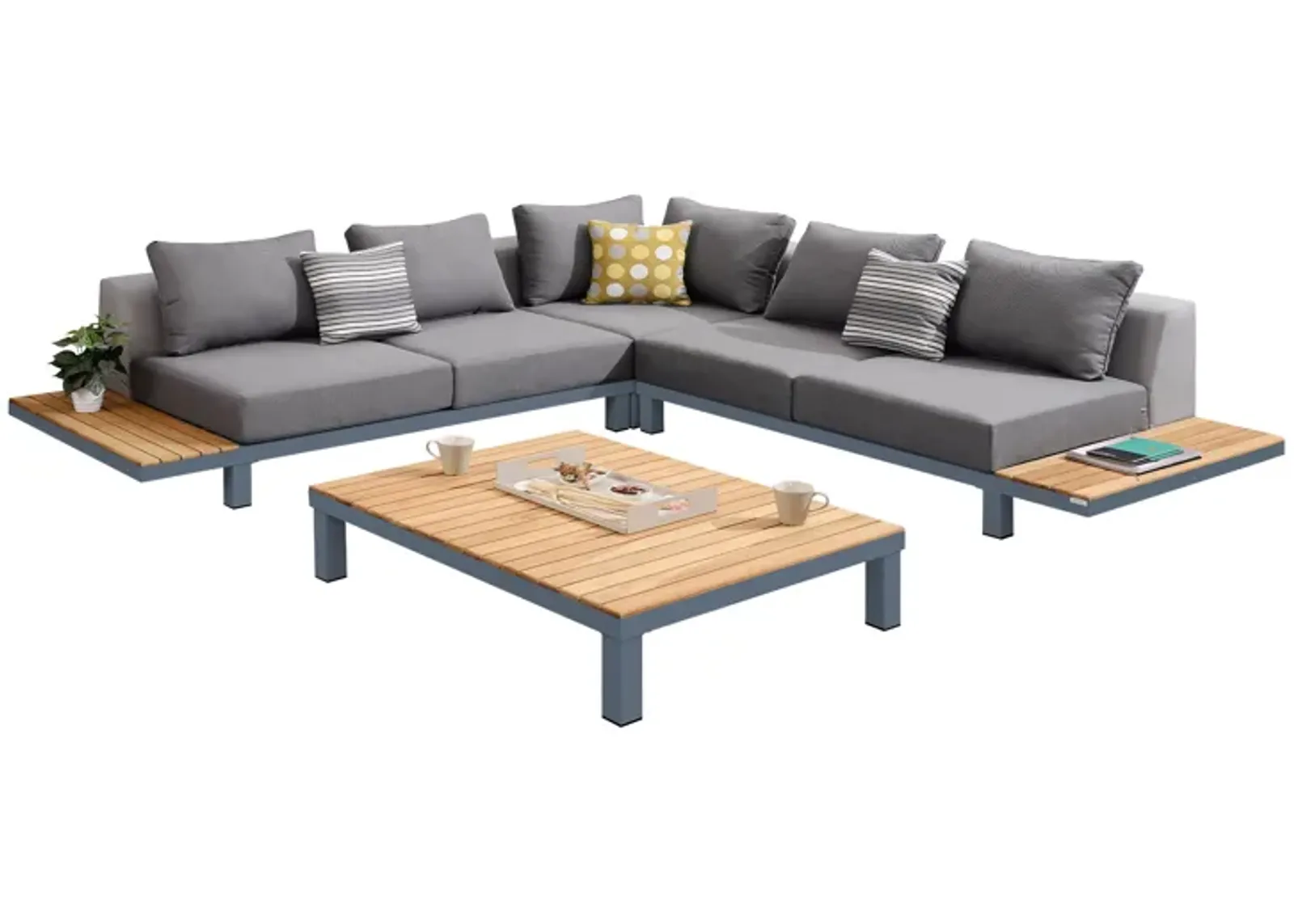 Polo 4 piece Outdoor Sectional Set with Cushions and Modern Accent Pillows in Dark Gray