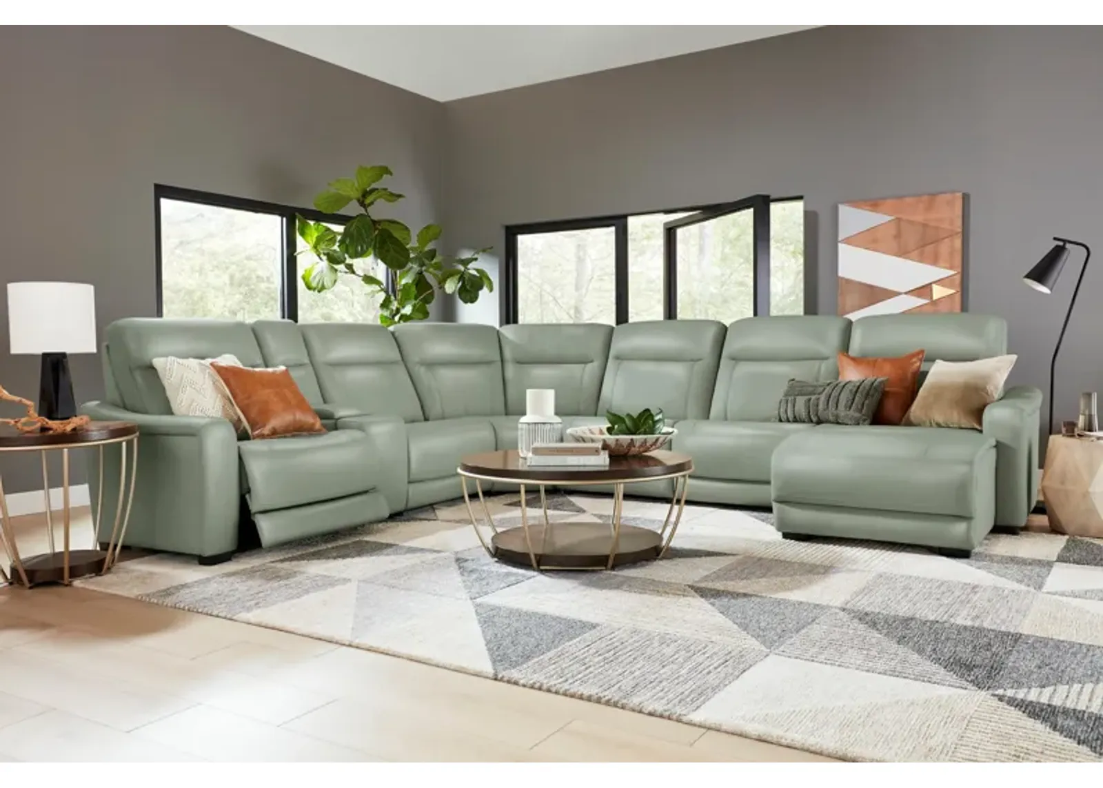 Newport 6-Piece Mint Leather Power Reclining Sectional with Chaise