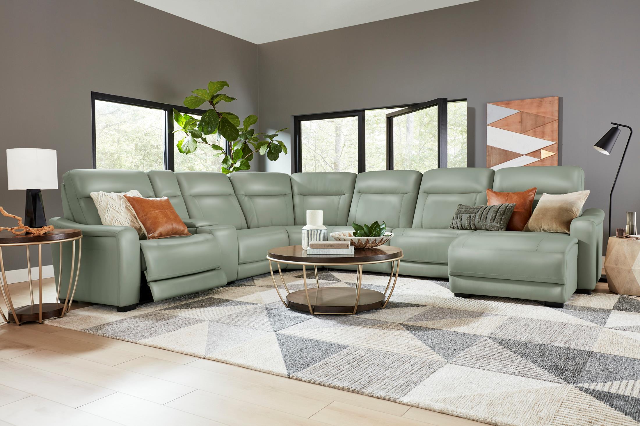 Newport 6-Piece Mint Leather Power Reclining Sectional with Chaise