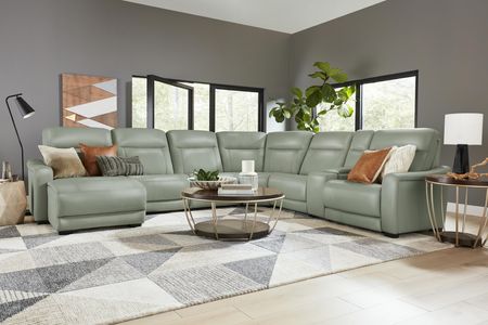 Newport 6 -Piece Mint Leather Power Reclining Sectional with Chaise