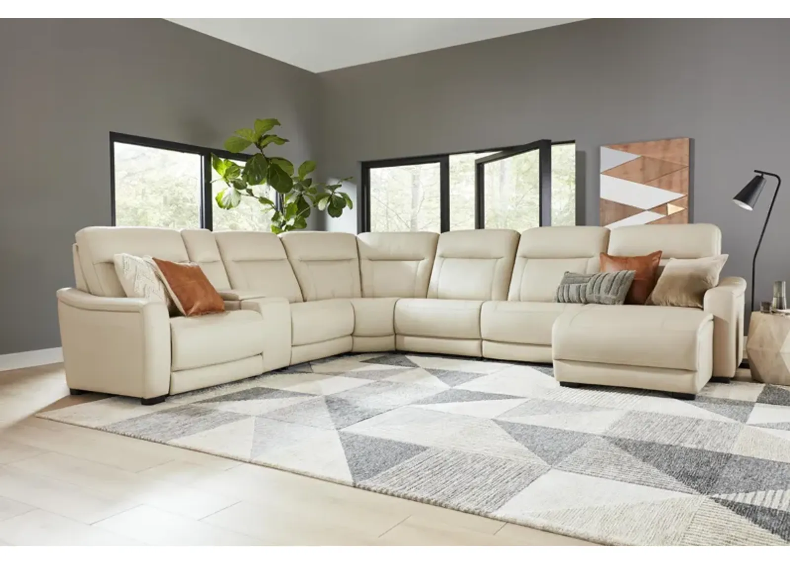 Newport 6-Piece Almond Leather Power Reclining Sectional with Chaise