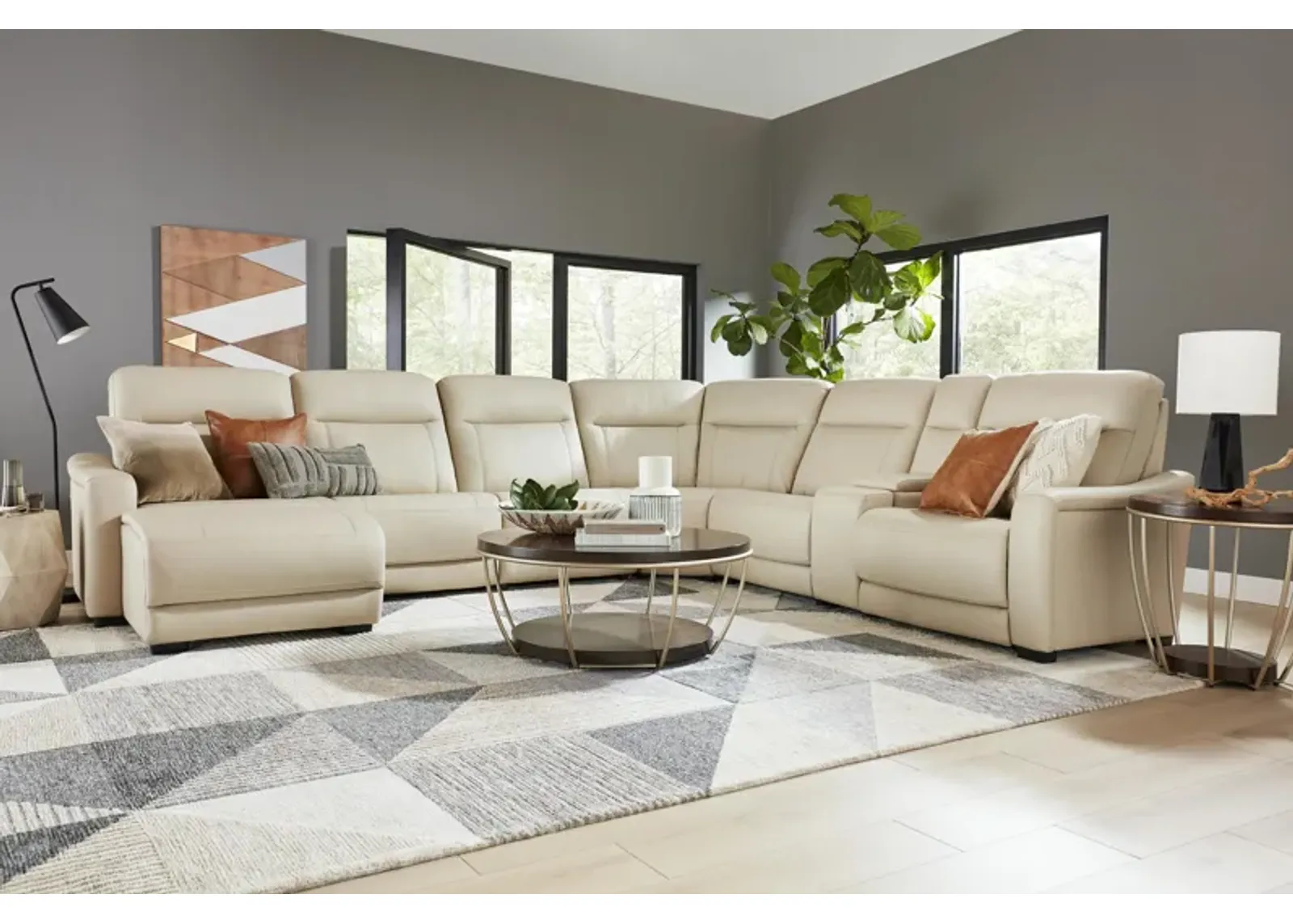 Newport 6-Piece Almond Leather Power Reclining Sectional with Chaise