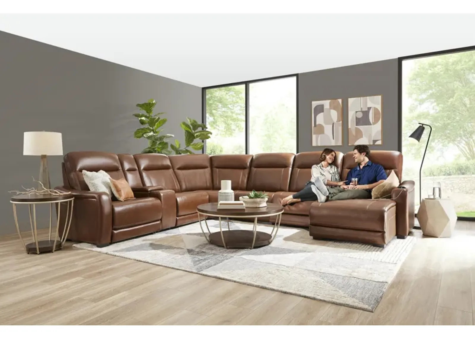 Newport 6-Piece Leather Power Reclining Sectional with Chaise in Brown