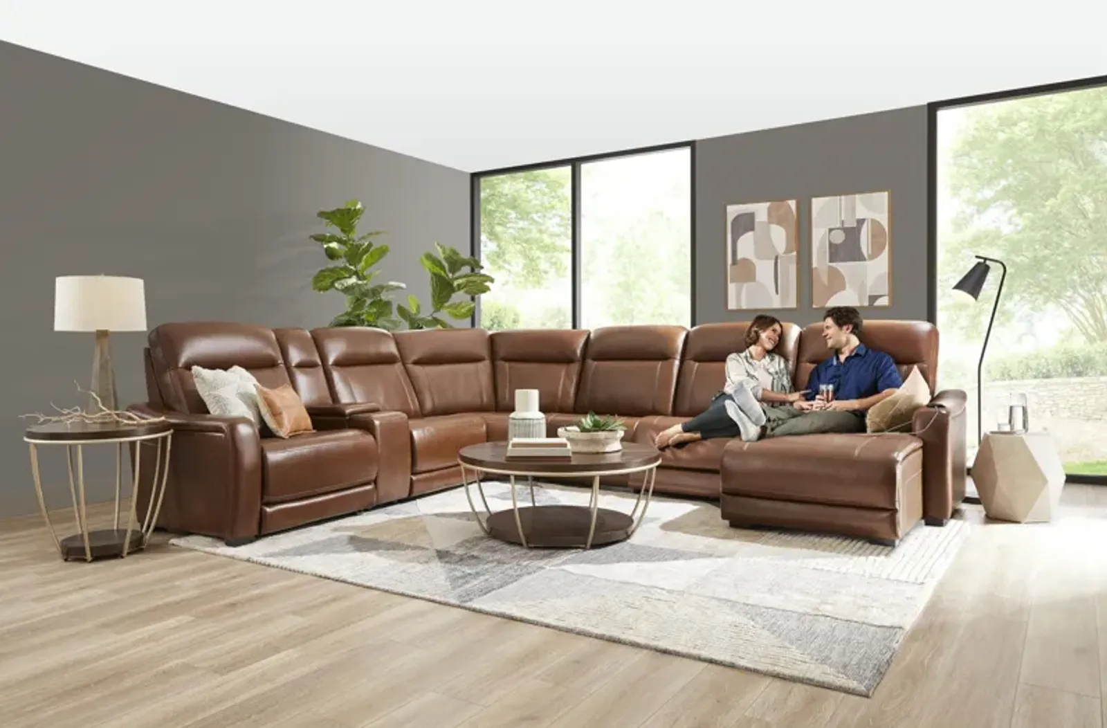 Newport 6-Piece Leather Power Reclining Sectional with Chaise in Brown