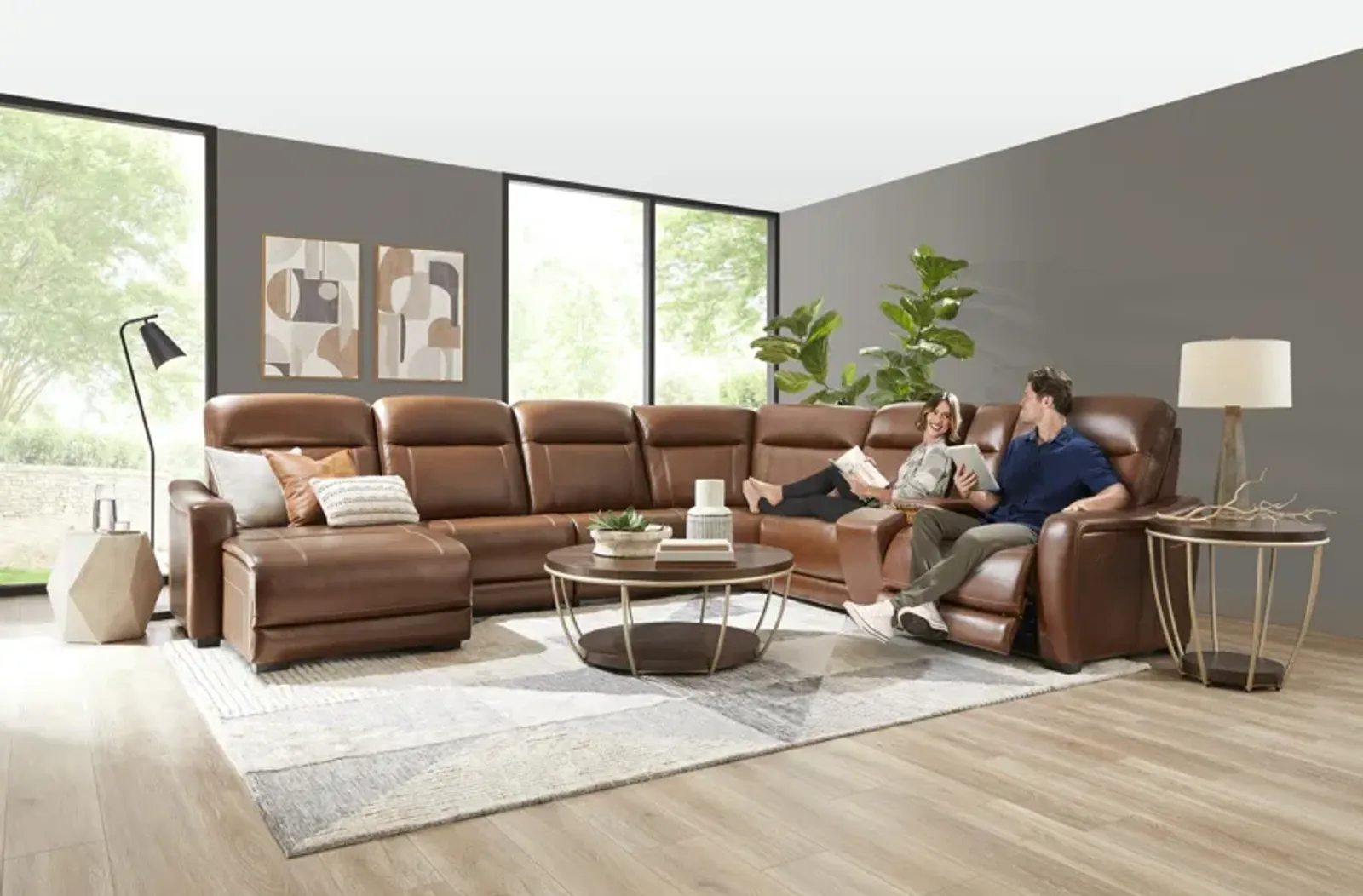 Newport 6-Piece Leather Power Reclining Sectional with Chaise in Brown