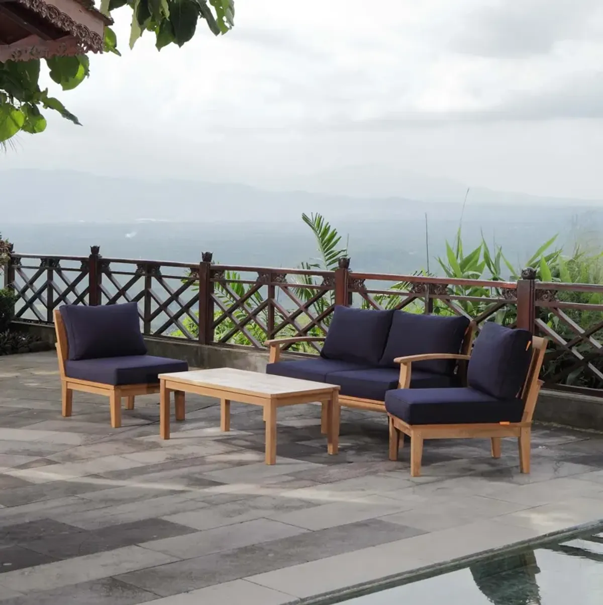 Marina 5 Piece Outdoor Patio Teak Set by Modway Natural Gray