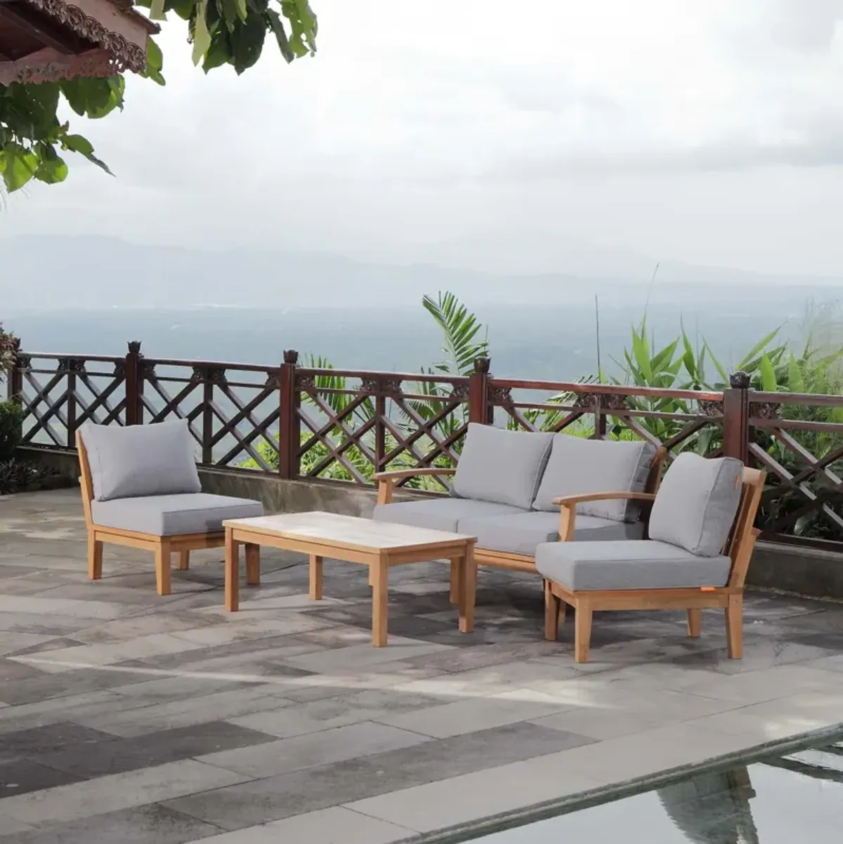 Marina 5 Piece Outdoor Patio Teak Set by Modway Natural White