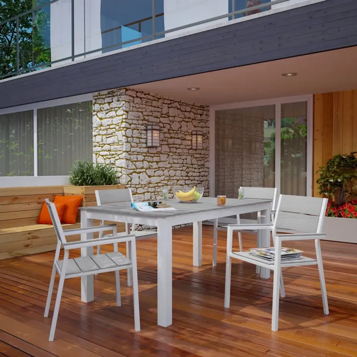 Maine 5 Piece Outdoor Patio Dining Set by Modway White Light Gray