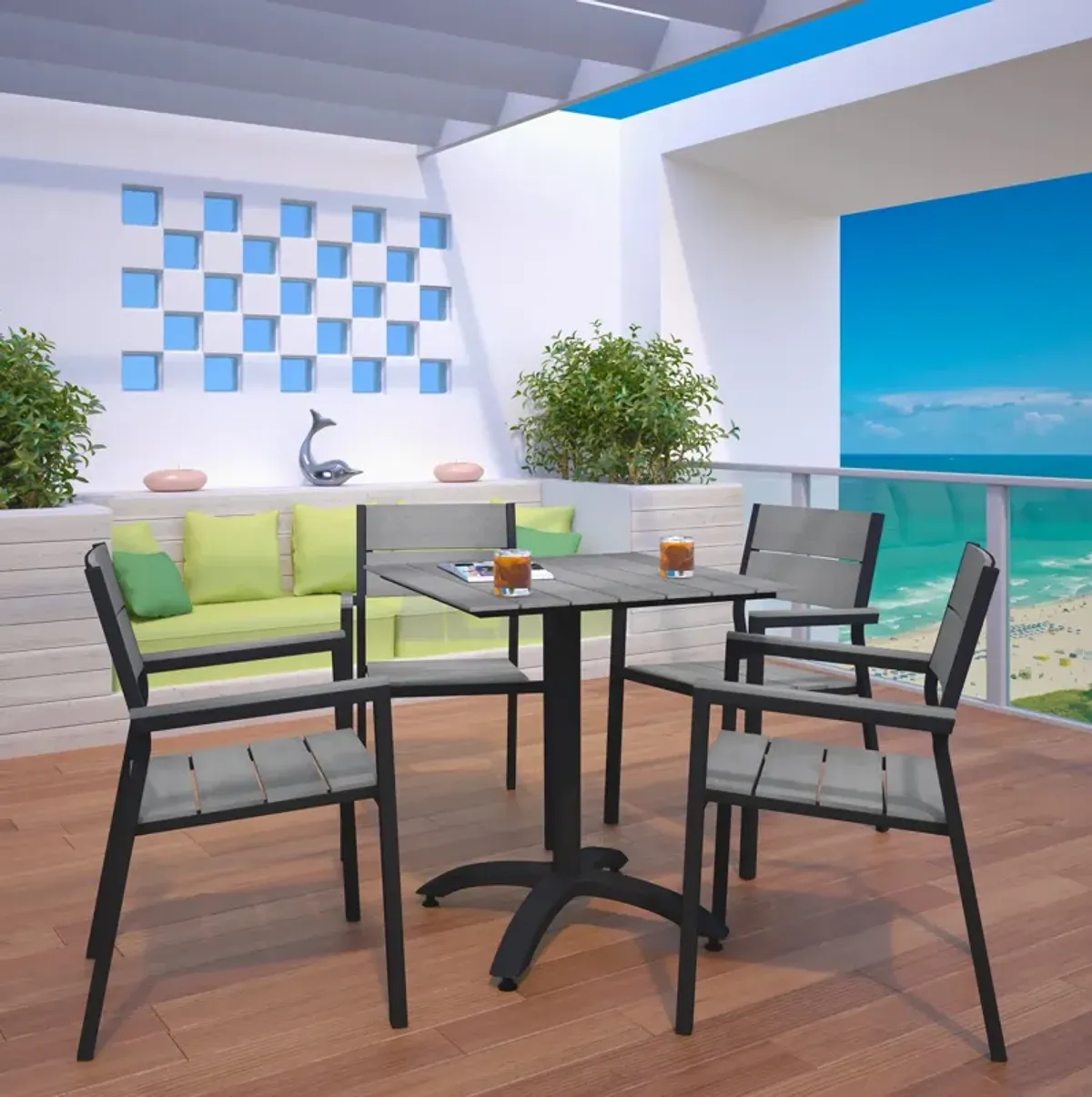 Maine 5 Piece Outdoor Patio Dining Set by Modway White Light Gray