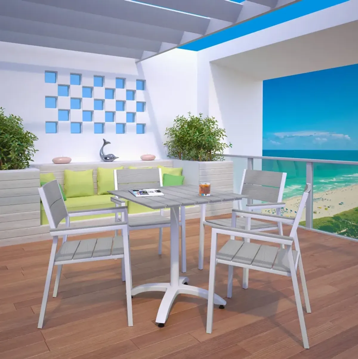 Maine 5 Piece Outdoor Patio Dining Set by Modway White Light Gray