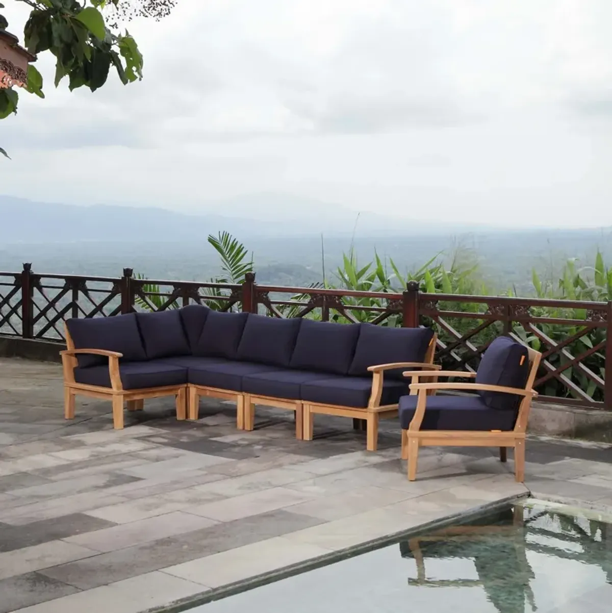 Marina 6 Piece Outdoor Patio Teak Set by Modway Natural Navy