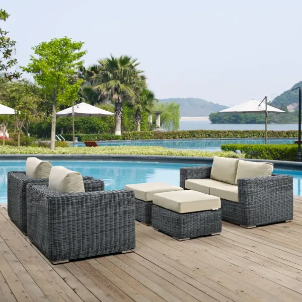 Summon 5 Piece Outdoor Patio Sunbrella® Sectional Set by Modway Canvas Antique Beige