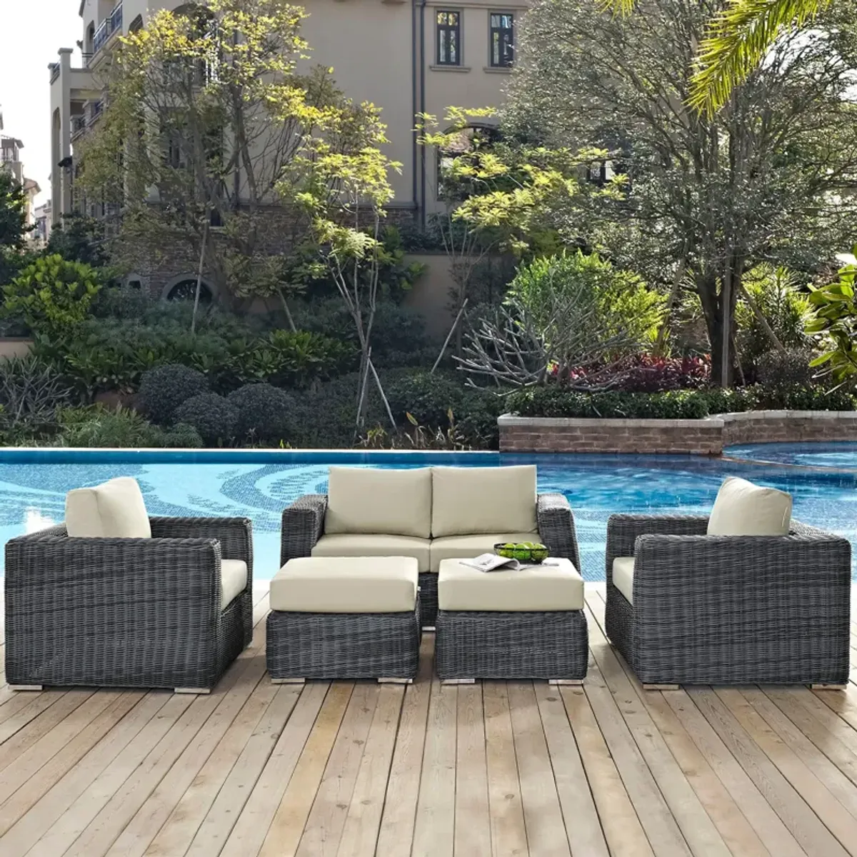 Summon 5 Piece Outdoor Patio Sunbrella® Sectional Set by Modway Canvas Antique Beige