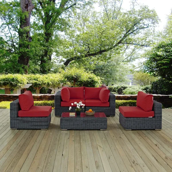 Summon 5 Piece Outdoor Patio Sunbrella® Sectional Set by Modway Canvas Red