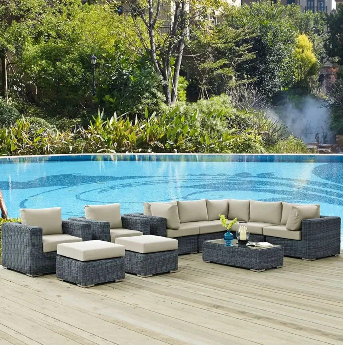 Summon 10 Piece Outdoor Patio Sunbrella® Sectional Set by Modway Canvas Antique Beige