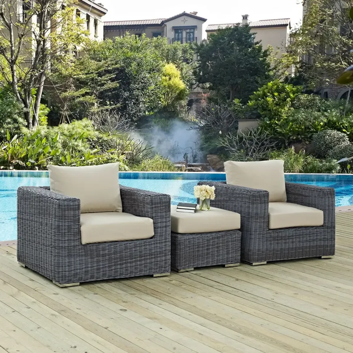 Summon 3 Piece Outdoor Patio Sunbrella® Sectional Set by Modway Canvas Red