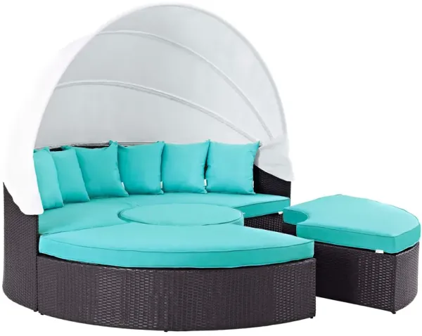 Convene Wicker Rattan Outdoor Patio Canopy Sectional Daybed Espresso Turquoise