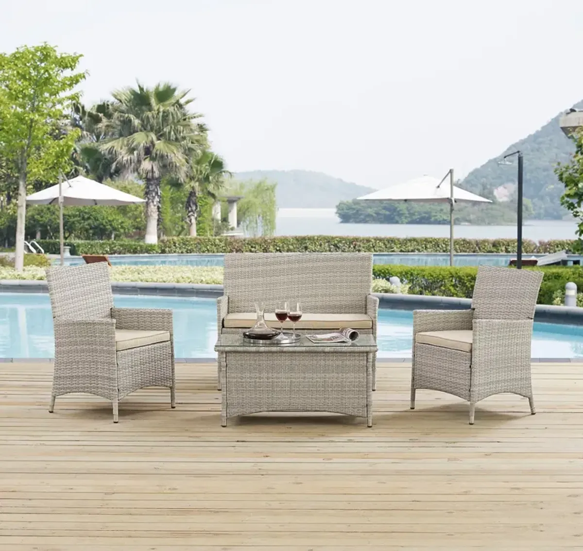 Bridge 4 Piece Outdoor Patio Patio Conversation Set by Modway Light Gray Beige