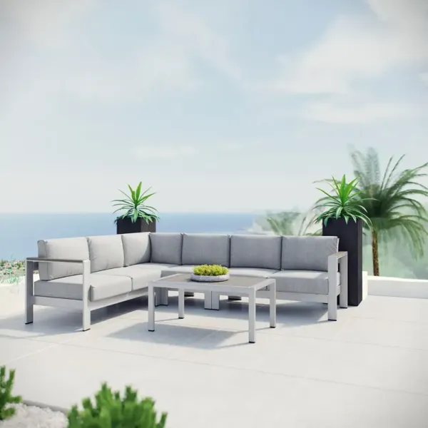 Shore 5 Piece Outdoor Patio Aluminum Sectional Sofa Set by Modway Silver Navy