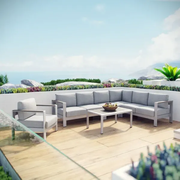 Shore 6 Piece Outdoor Patio Aluminum Sectional Sofa Set by Modway Silver Gray
