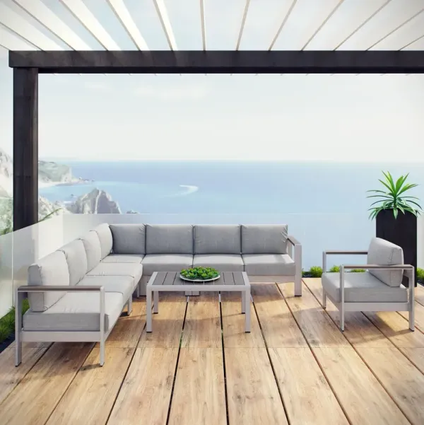 Shore 7 Piece Outdoor Patio Aluminum Sectional Sofa Set by Modway Silver Gray