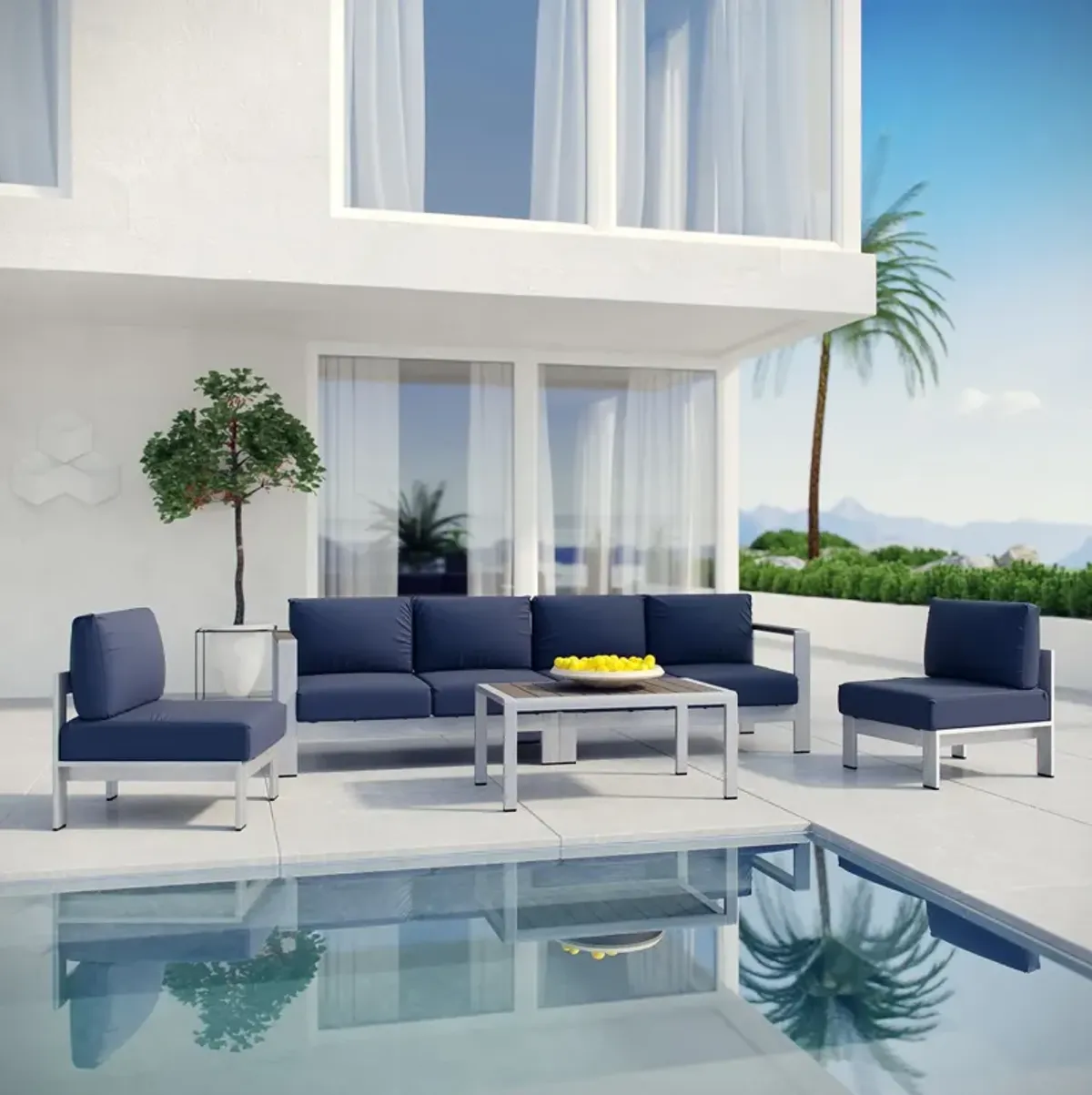 Shore 5 Piece Outdoor Patio Aluminum Sectional Sofa Set by Modway Silver Navy