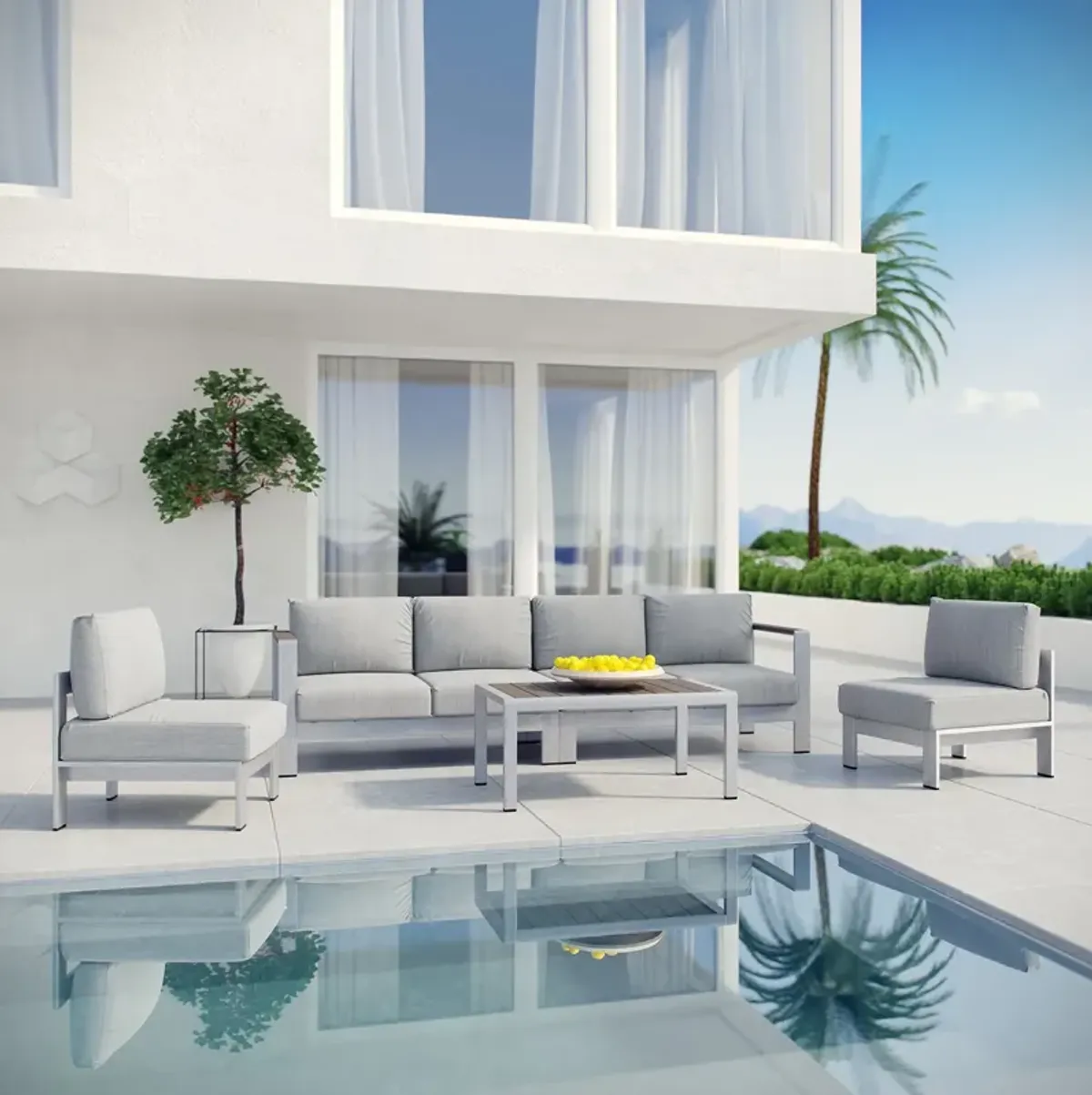 Shore 5 Piece Outdoor Patio Aluminum Sectional Sofa Set by Modway Silver Navy