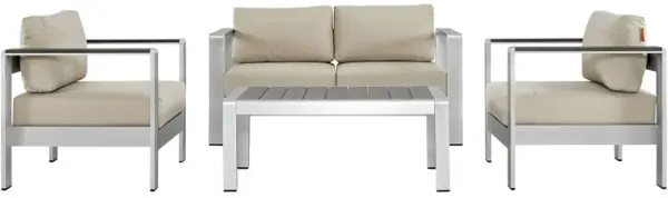 Shore 4 Piece Outdoor Patio Aluminum Sectional Sofa Set by Modway Silver Beige