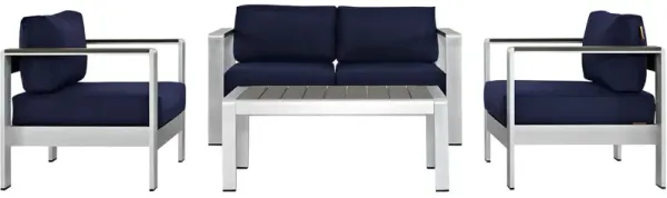 Shore 4 Piece Outdoor Patio Aluminum Sectional Sofa Set by Modway Silver Navy