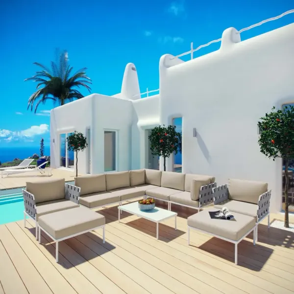 Harmony 10 Piece Outdoor Patio Aluminum Sectional Sofa Set by Modway White Beige