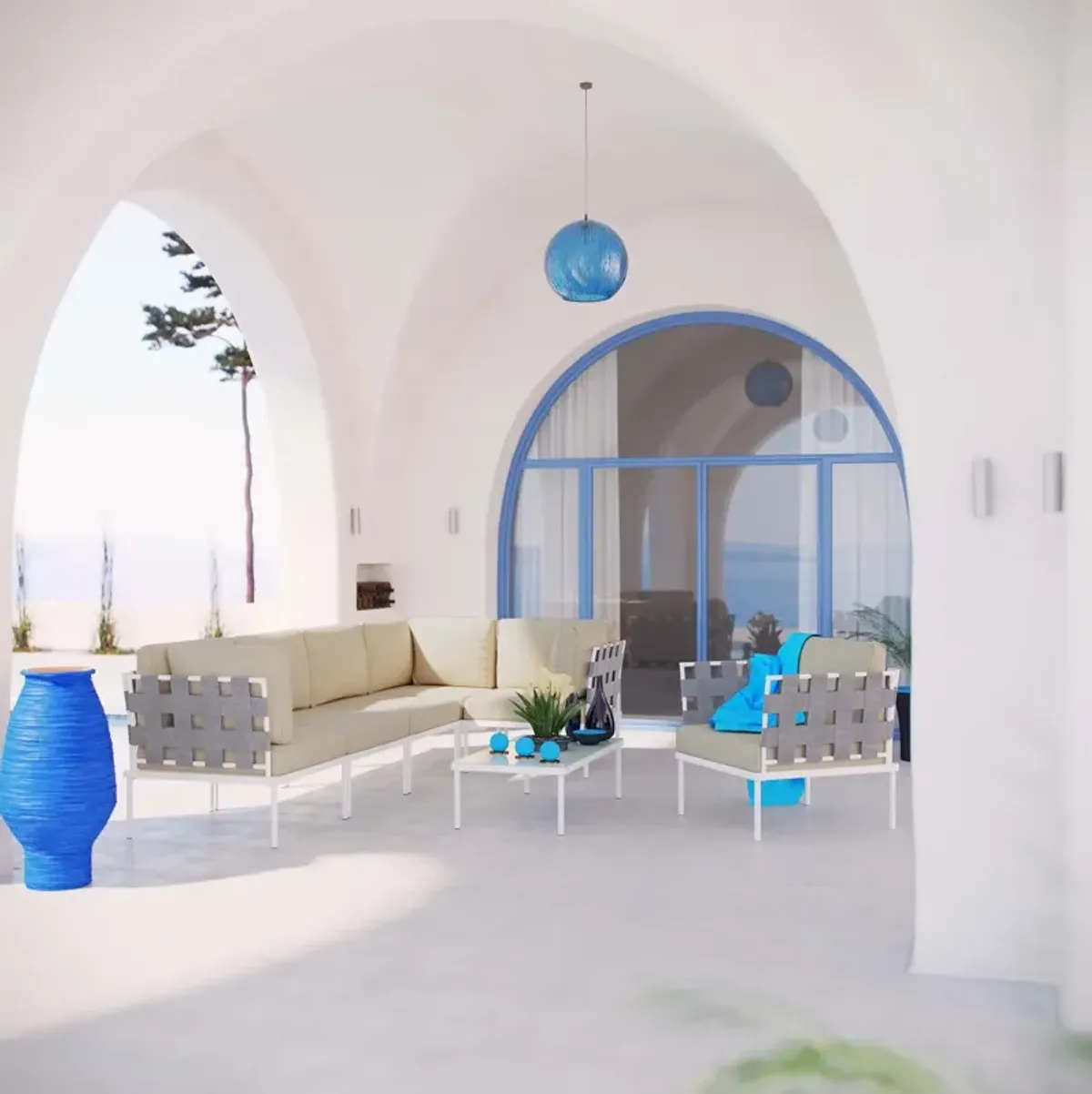 Harmony 7 Piece Outdoor Patio Aluminum Sectional Sofa Set by Modway White Gray