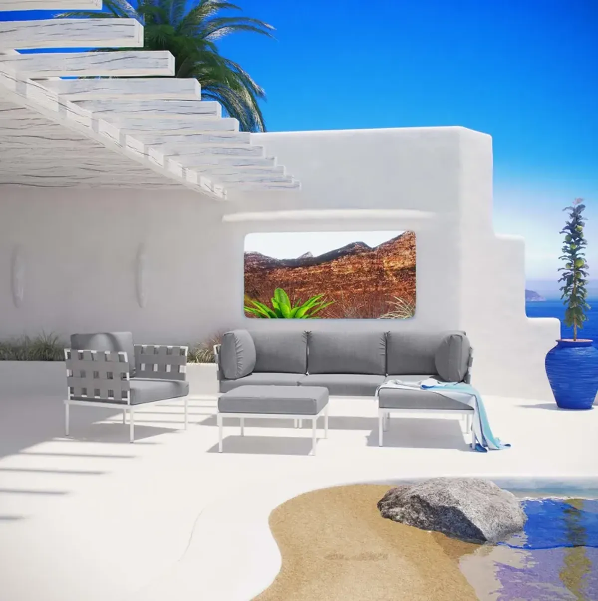 Harmony 6 Piece Outdoor Patio Aluminum Sectional Sofa Set by Modway White Beige