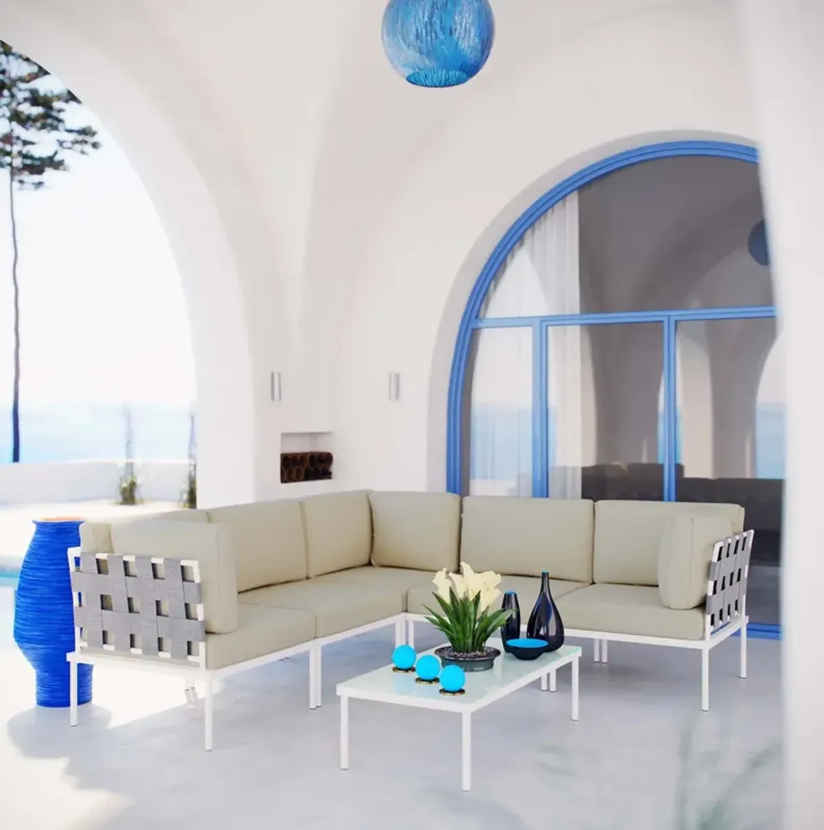 Harmony 6 Piece Outdoor Patio Aluminum Sectional Sofa Set by Modway White Beige