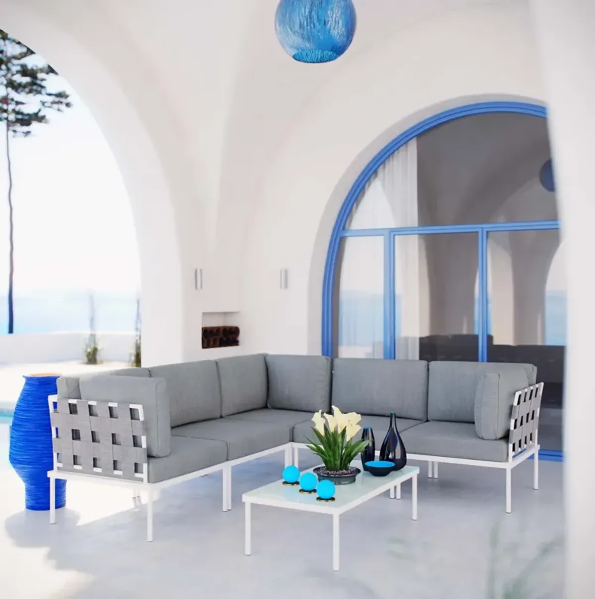 Harmony 6 Piece Outdoor Patio Aluminum Sectional Sofa Set by Modway White White