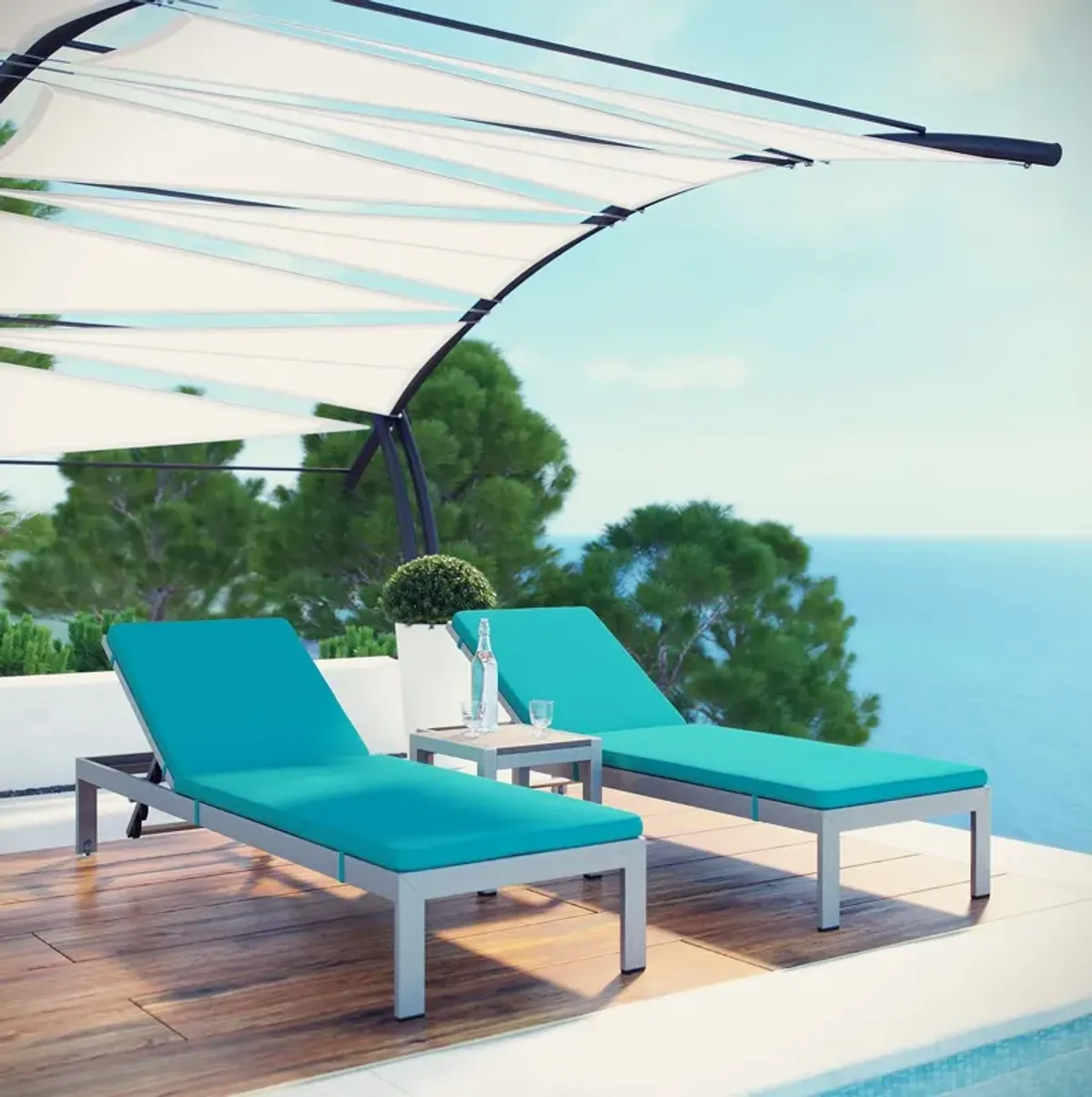 Shore 3 Piece Outdoor Patio Aluminum Chaise with Cushions by Modway
