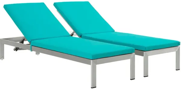 Shore Chaise with Cushions Outdoor Patio Aluminum Set of 2 by Modway Silver Turquoise