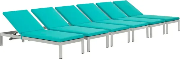 Shore Chaise with Cushions Outdoor Patio Aluminum Set of 6 by Modway Silver Turquoise