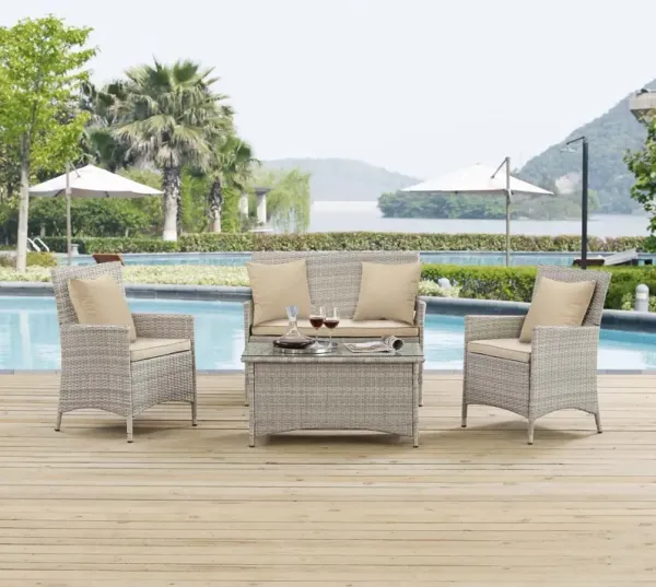 Bridge 4 Piece Outdoor Patio Patio Conversation Set with Pillow Set by Modway Light Gray Gray