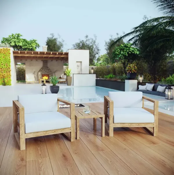Upland 3 Piece Outdoor Patio Teak Set by Modway Natural White