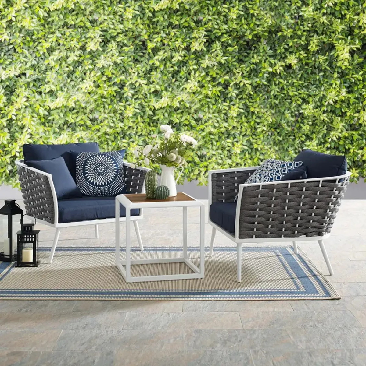 Stance 3 Piece Outdoor Patio Aluminum Sectional Sofa Set by Modway White Navy