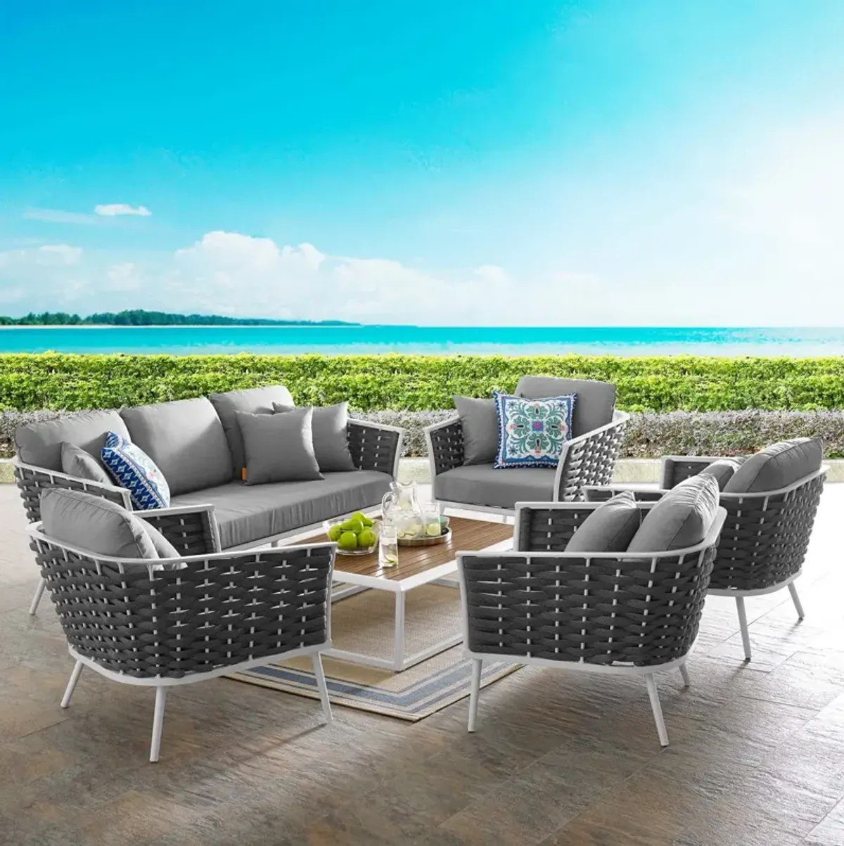 Stance 6 Piece Outdoor Patio Aluminum Sectional Sofa Set by Modway White Gray