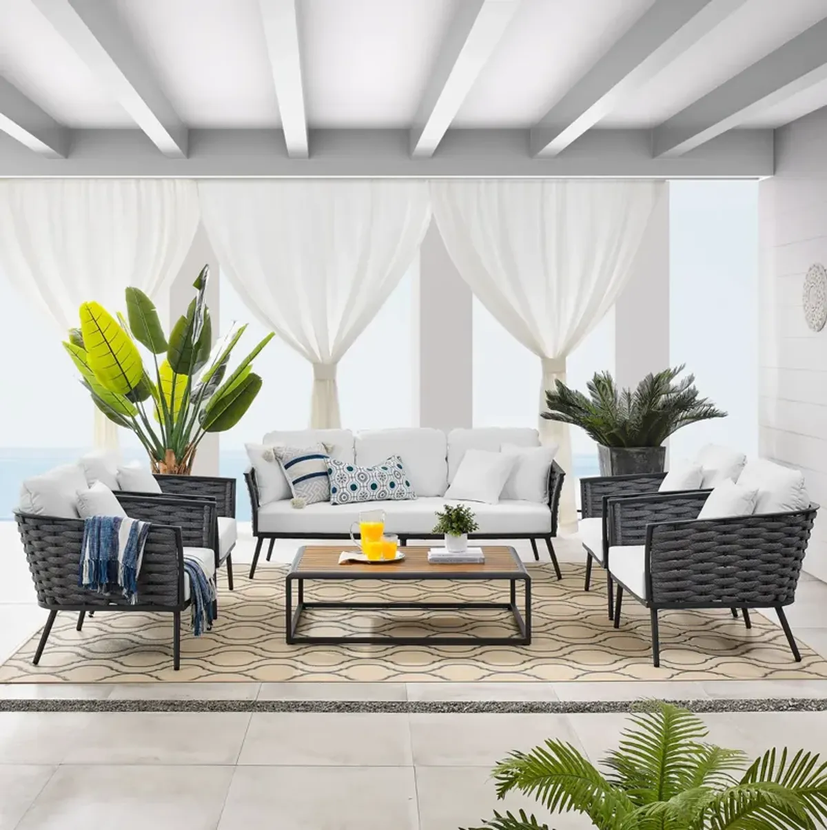 Stance 6 Piece Outdoor Patio Aluminum Sectional Sofa Set by Modway White Gray