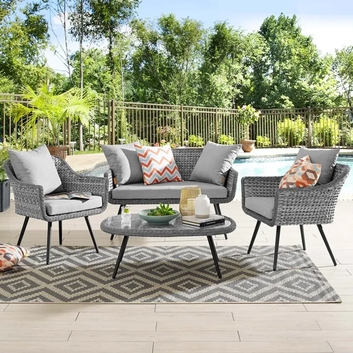 Endeavor 4 Piece Outdoor Patio Wicker Rattan Loveseat Armchair and Coffee Table Set by Modway Gray Gray