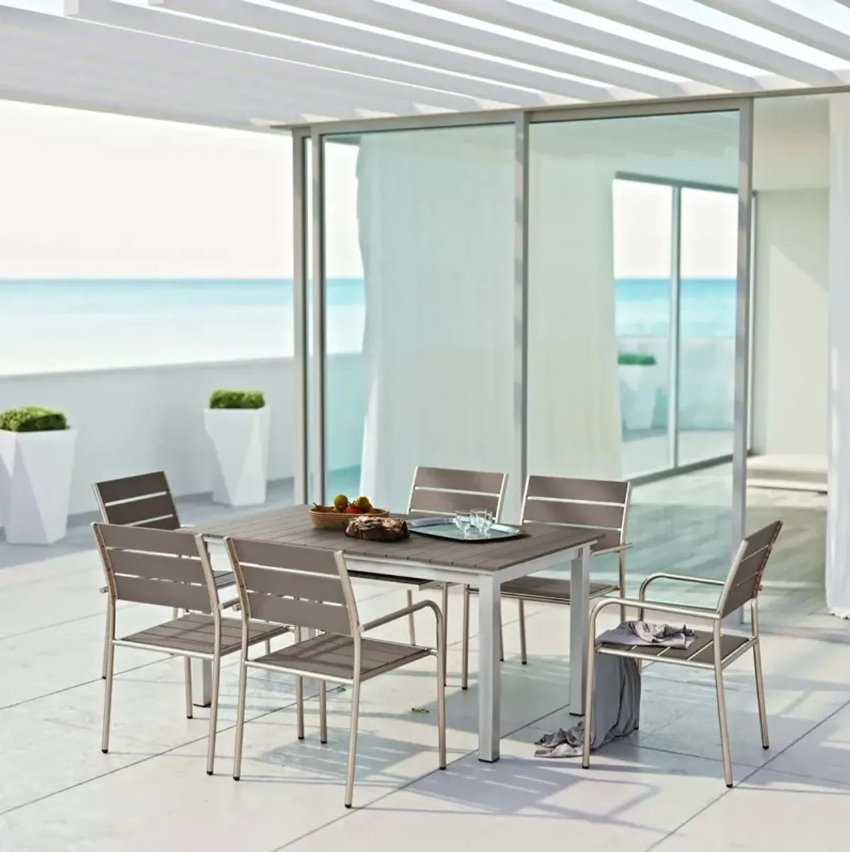 Shore 7 Piece Outdoor Patio Aluminum Dining Set by Modway Silver Gray