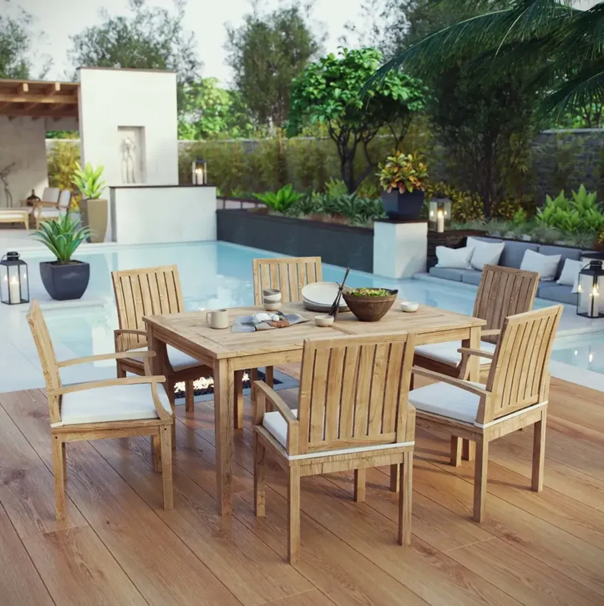 Marina 7 Piece Outdoor Patio Teak Dining Set by Modway Natural White