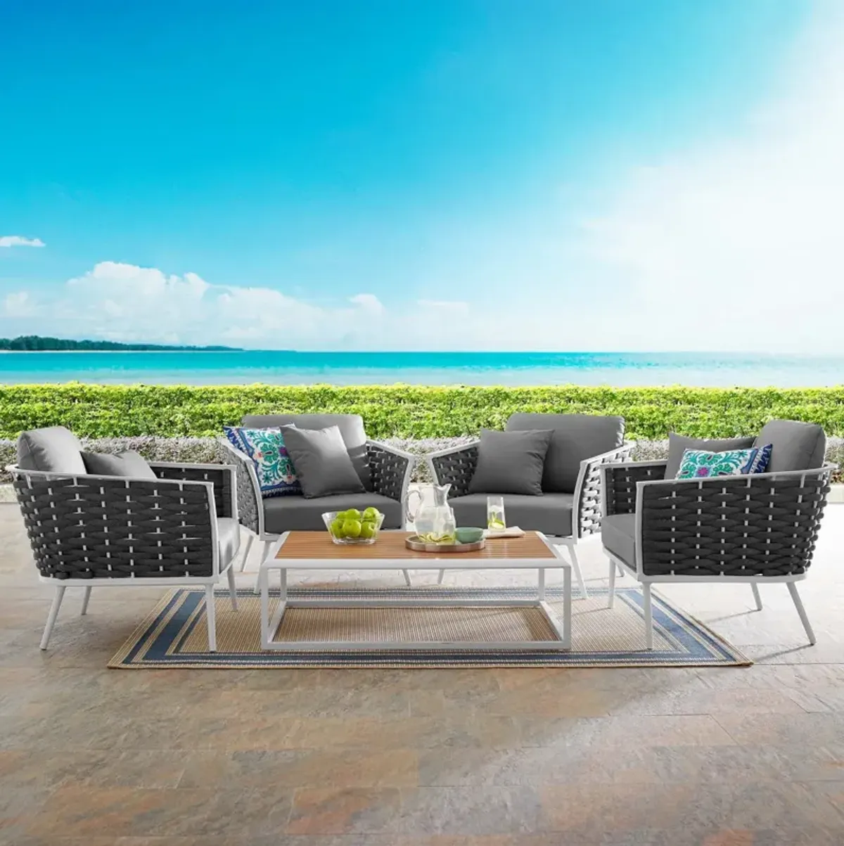 Stance 5 Piece Outdoor Patio Aluminum Sectional Sofa Set by Modway White Navy