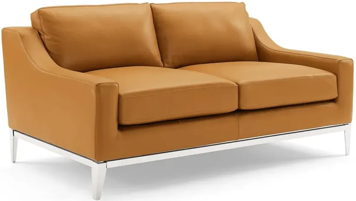 Harness 64" Stainless Steel Base Leather Loveseat by Modway Tan
