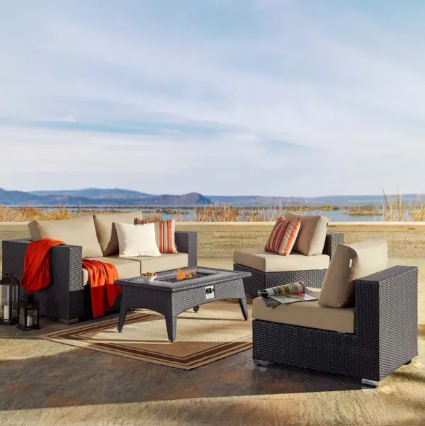 Convene 5 Piece Set Outdoor Patio with Fire Pit by Modway Espresso Beige