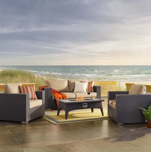 Convene 4 Piece Set Outdoor Patio with Fire Pit by Modway Espresso Beige