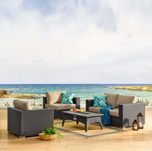 Convene 5 Piece Set Outdoor Patio with Fire Pit by Modway Espresso Beige